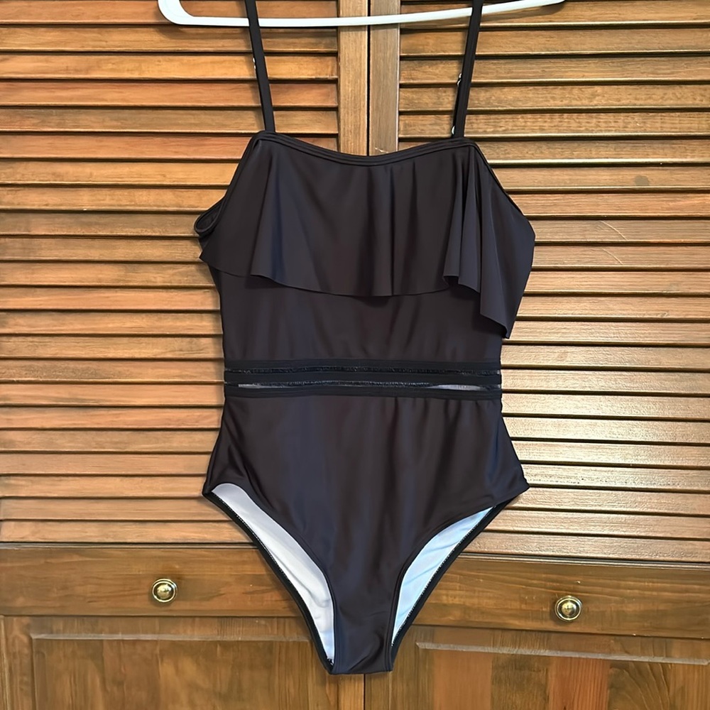 NWOT Black Mesh Waist Ruffle Bardot Swimsuit Size M
